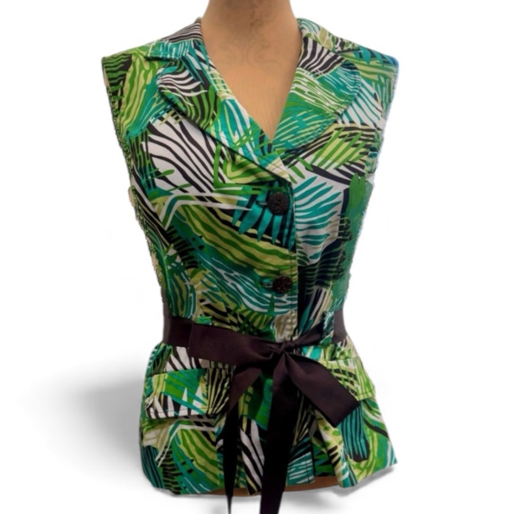 Studio I Green and Dark Brown Abstract Pattern Belted Sleeveless Top Size XL